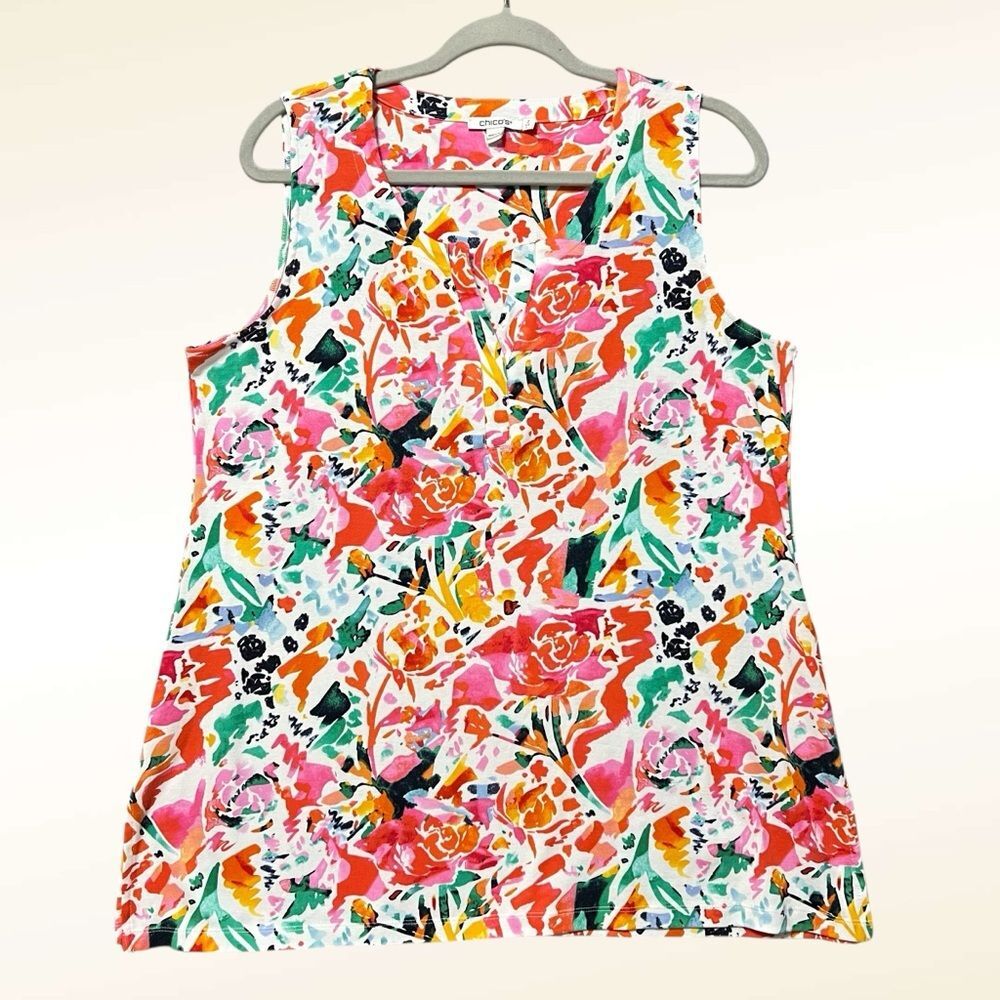 Chico's Colorful Floral Tank Top Size 2/US Large V-neck Split Hem Ribbed Cotton